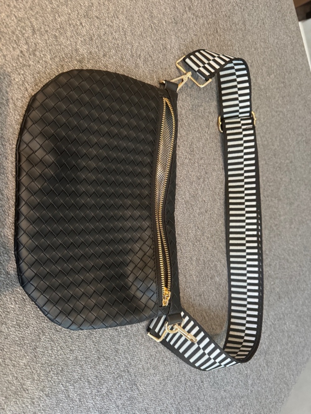 Woven Black Crossbody Bag with Striped Adjustable Strap